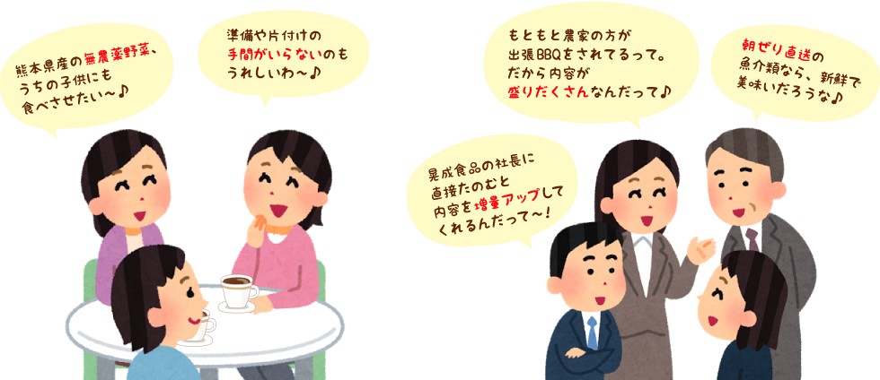 「熊本県産の無農薬野菜、うちの子供にも食べさせたい〜♪」「準備や片付けの手間がいらないのもうれしいわ〜♪」「もともと農家の方が出張BBQをされてるって。だから内容が盛りだくさんなんだって♪」「朝ぜり直送の魚介類なら、新鮮で美味いだろうな♪」「晃成食品の社長に直接たのむと内容を増量アップしてくれるんだって〜！」